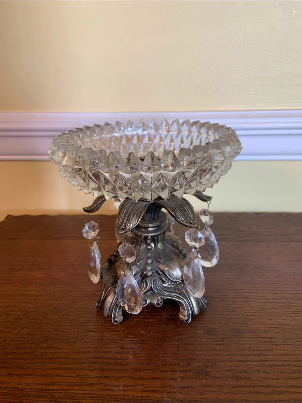 Hollywood Regency Elegant Glass Crystal Compote with Metal Base